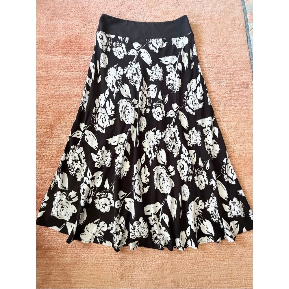George Black White Floral Midi A-Line Skirt Rayon Pull On Women’s L 12/14